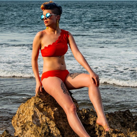 Orange Scalloped Hem One Shoulder Bikini Swimsuit - Picture 1 of 6